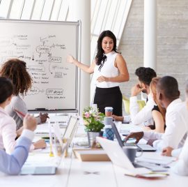 a woman giving a presentation to a group of people.
